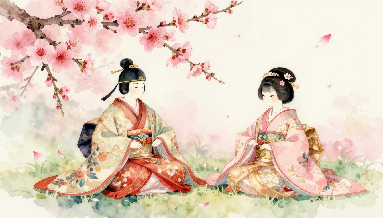 A delicate watercolor painting of traditional Hina dolls, th...