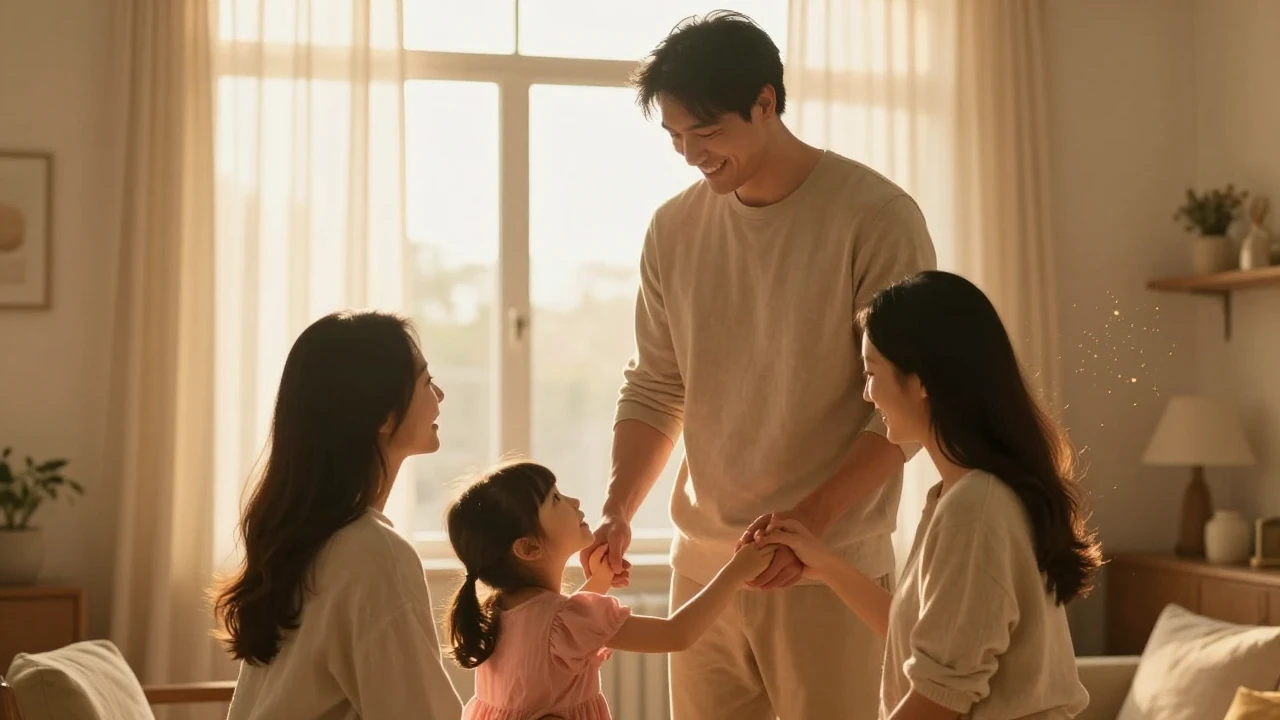 A warm and heartwarming cinematic illustration of a loving f...