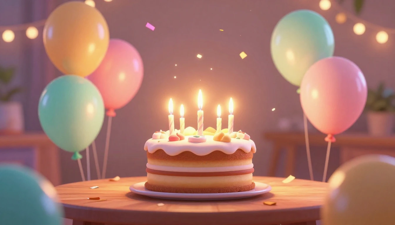 A warm and joyful 3D animated style scene celebrating a birt...