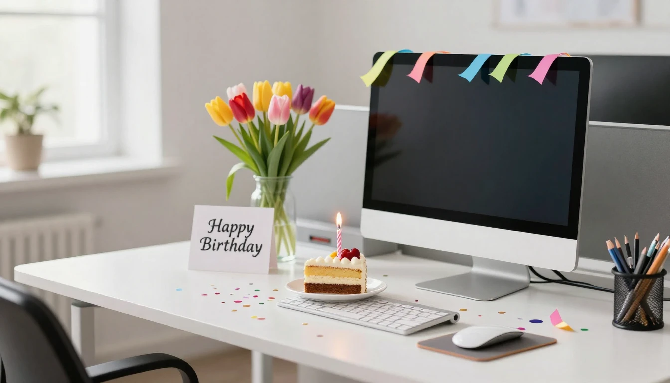 A festive and bright office desk scene celebrating a birthda...