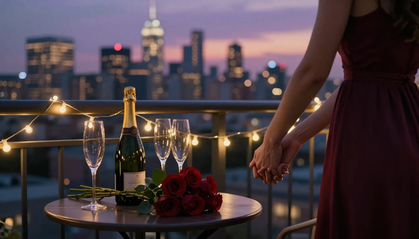 A romantic and intimate scene depicting a couple holding han...