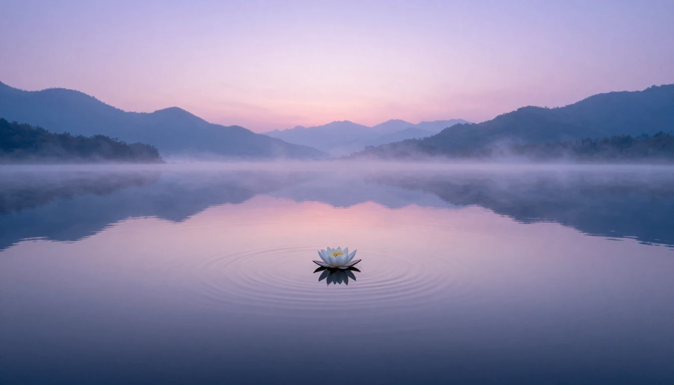 A serene and vast landscape featuring a perfectly still moun...