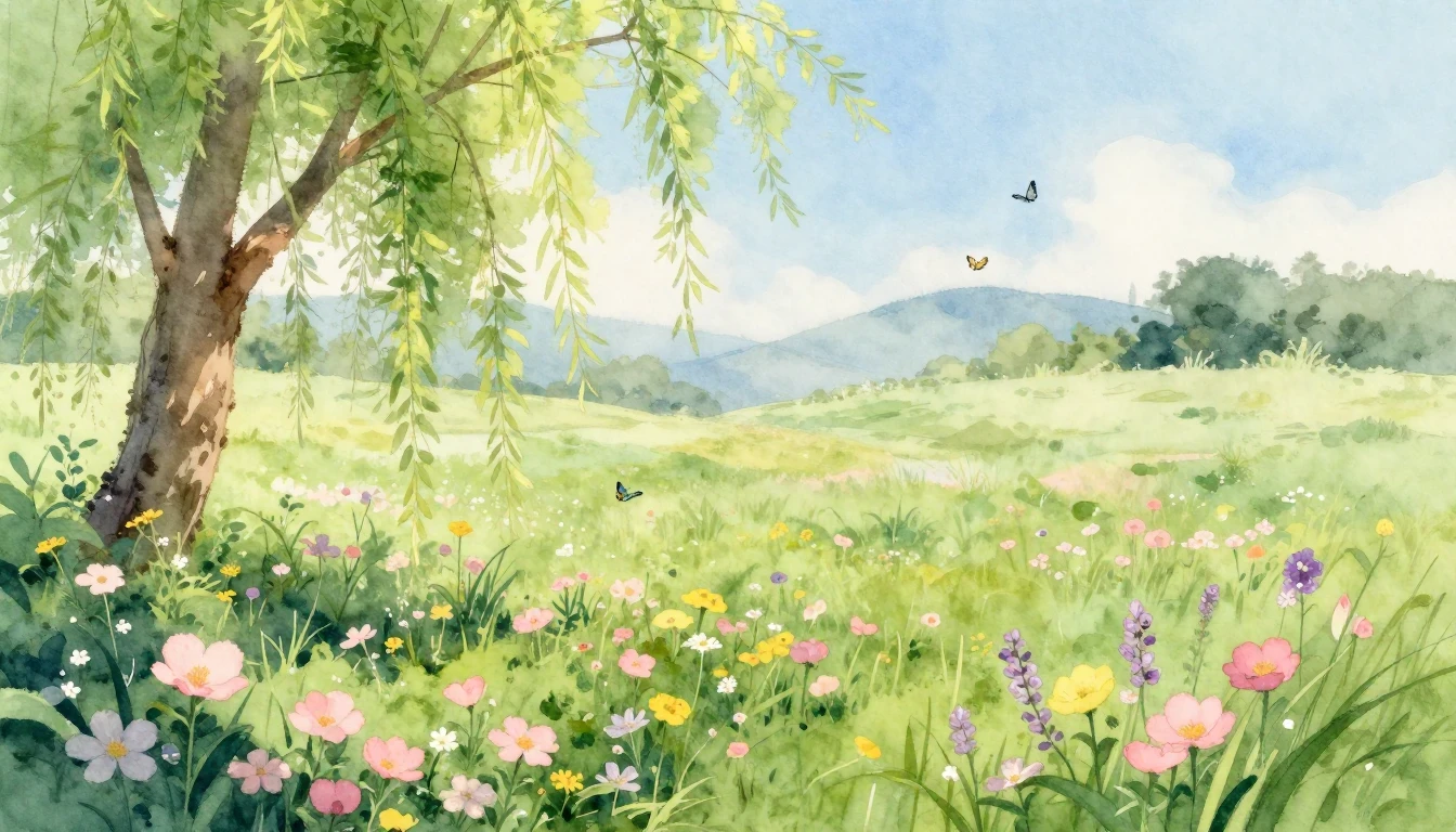 A beautiful watercolor painting of a lush green meadow fille...