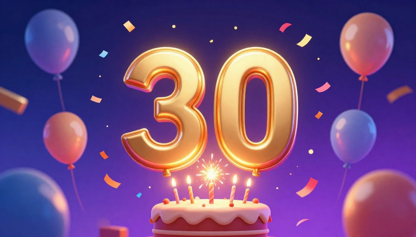 A vibrant digital art illustration celebrating a 30th birthd...
