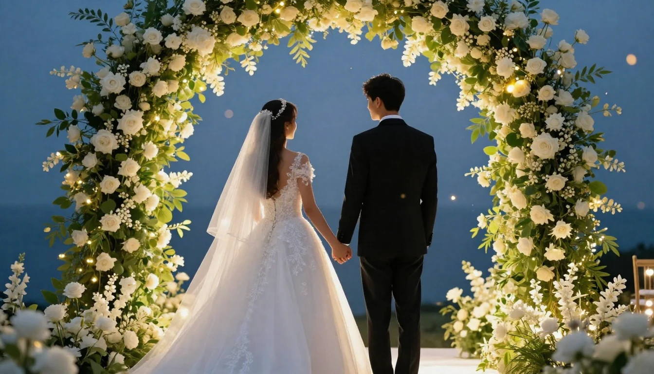 A romantic and celebratory wedding scene featuring a young b...