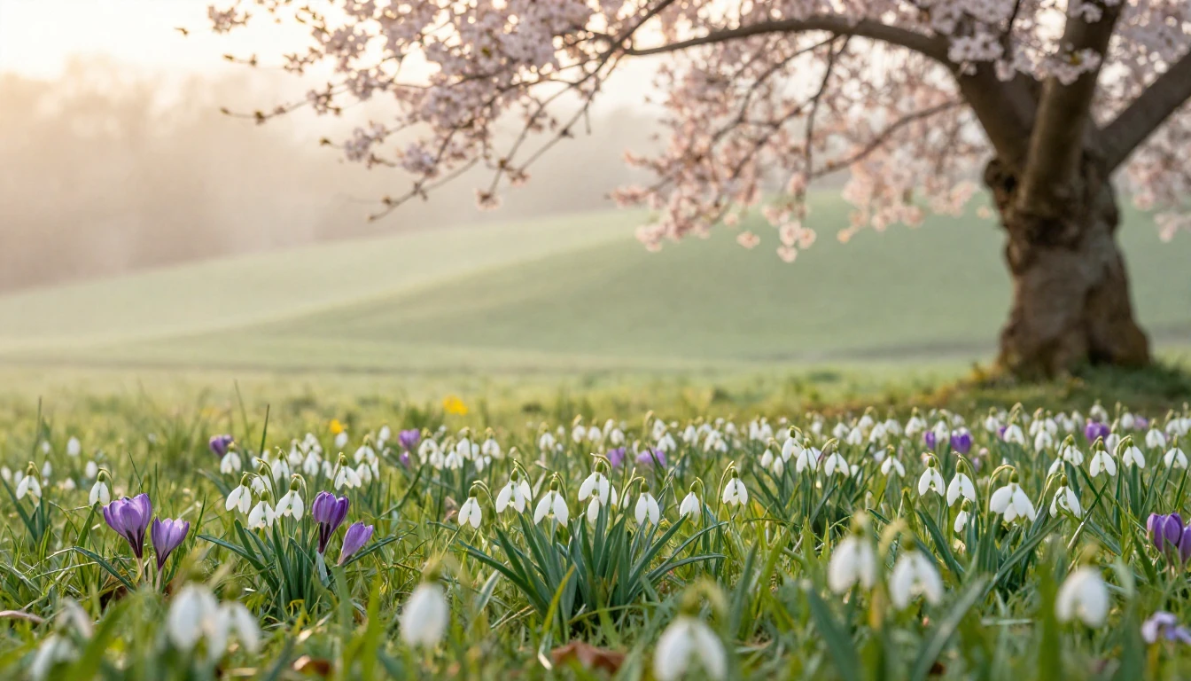 A serene spring landscape featuring a meadow filled with del...