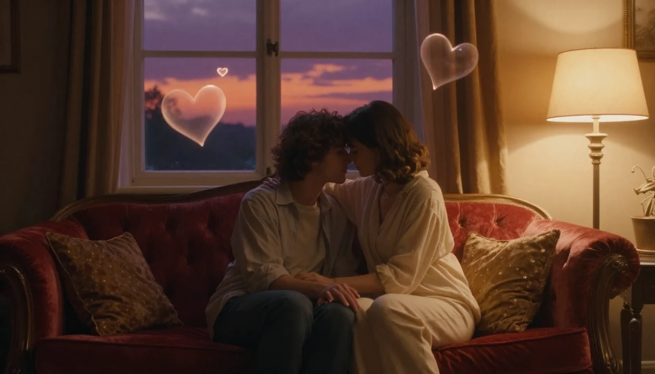 A tender and romantic scene depicting a couple sitting close...