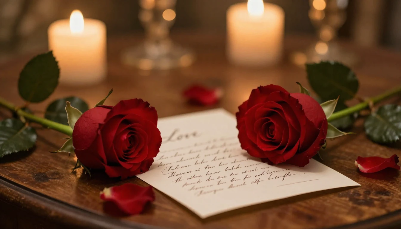 A romantic and intimate setting featuring a single red rose ...