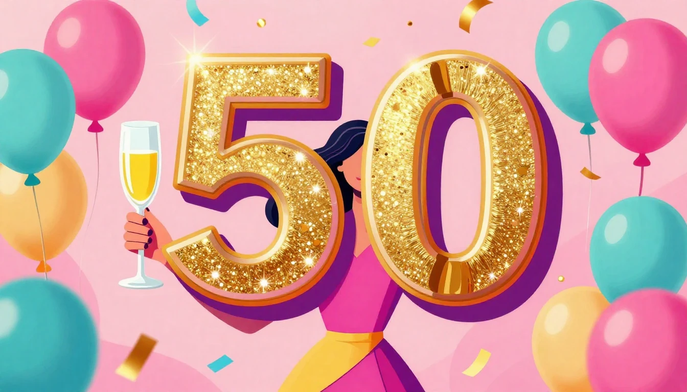 A vibrant and colorful birthday celebration scene for a 50th...