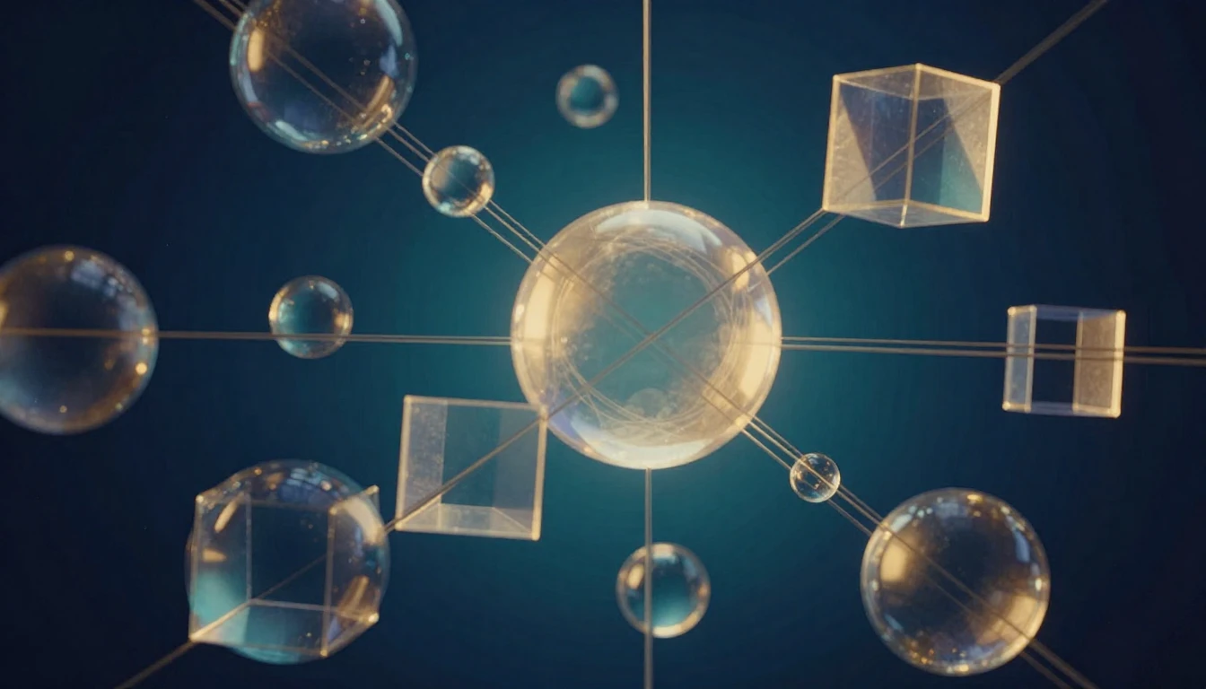 A complex arrangement of translucent geometric shapes, inclu...