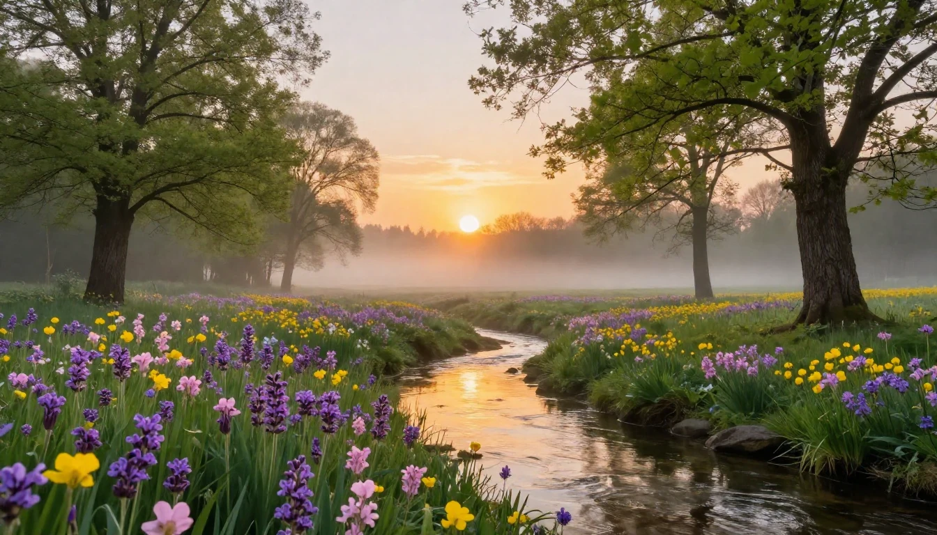 A serene landscape at dawn during the spring equinox. The su...