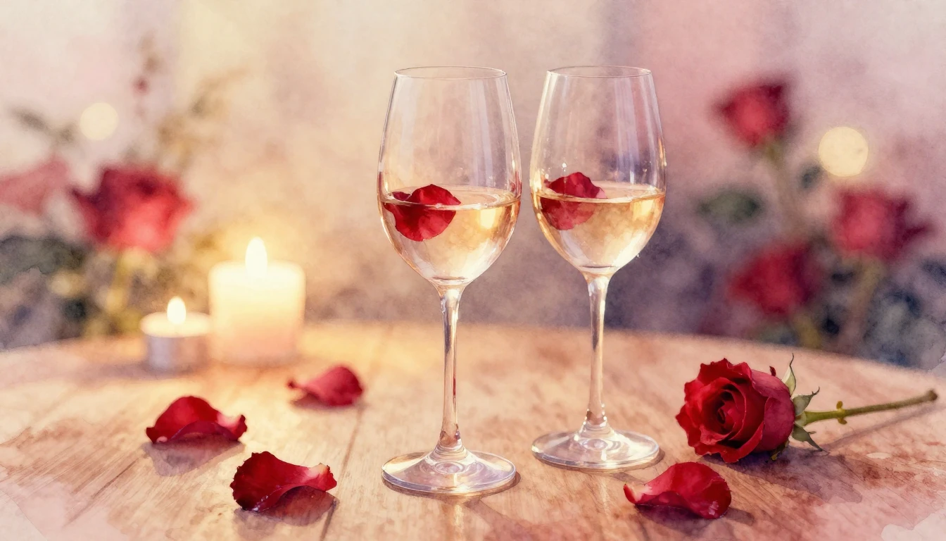 A delicate watercolor painting of two elegant wine glasses s...