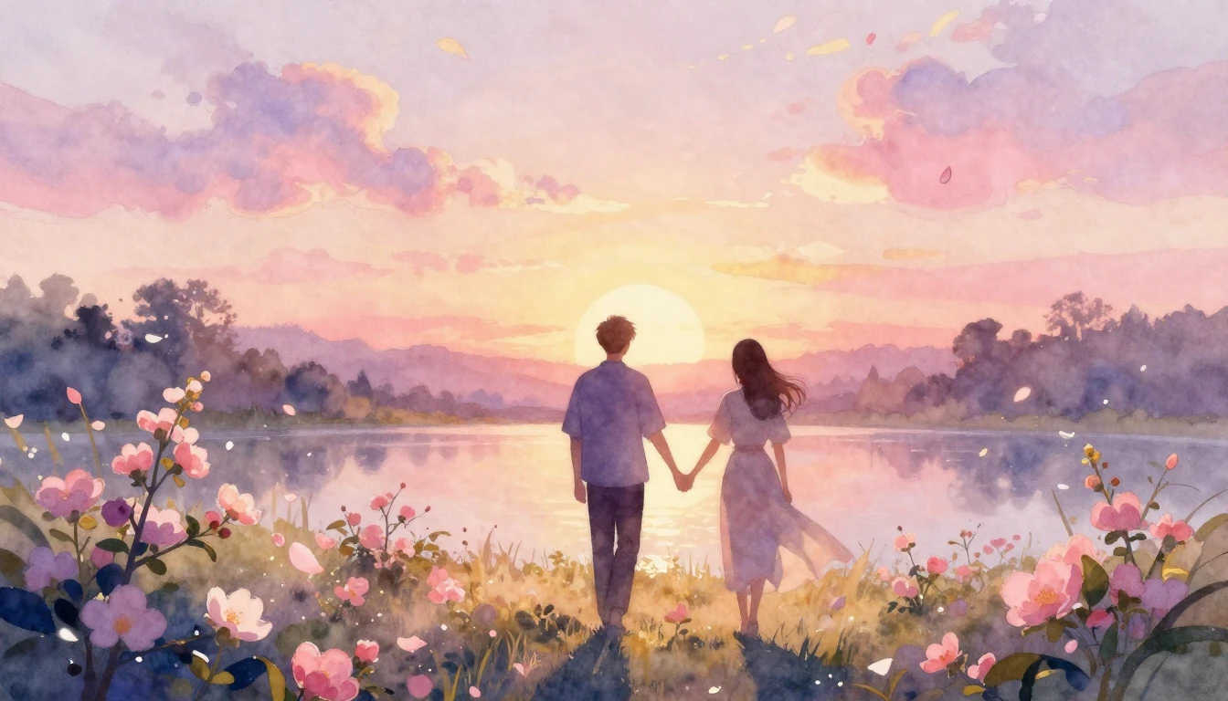 A soft watercolor painting of two silhouettes walking hand-i...