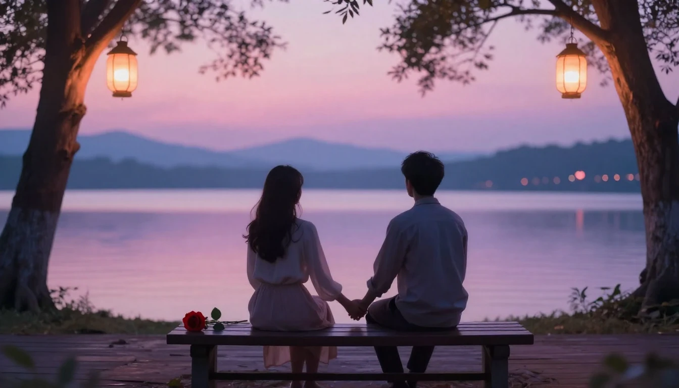 A romantic and soft composition featuring two silhouettes ho...