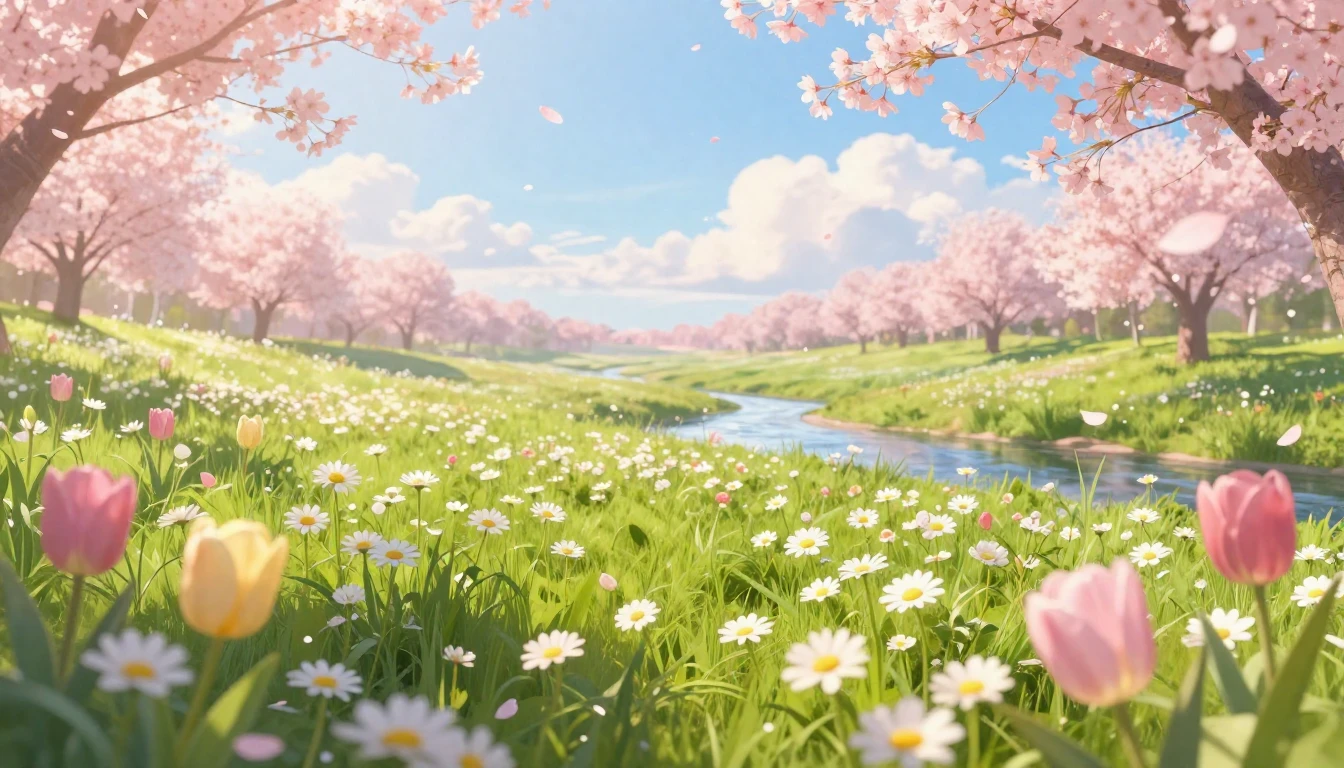 A beautiful spring landscape featuring a lush green meadow f...