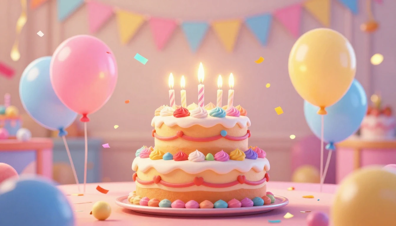 A vibrant and joyful birthday celebration scene in a cute 3D...