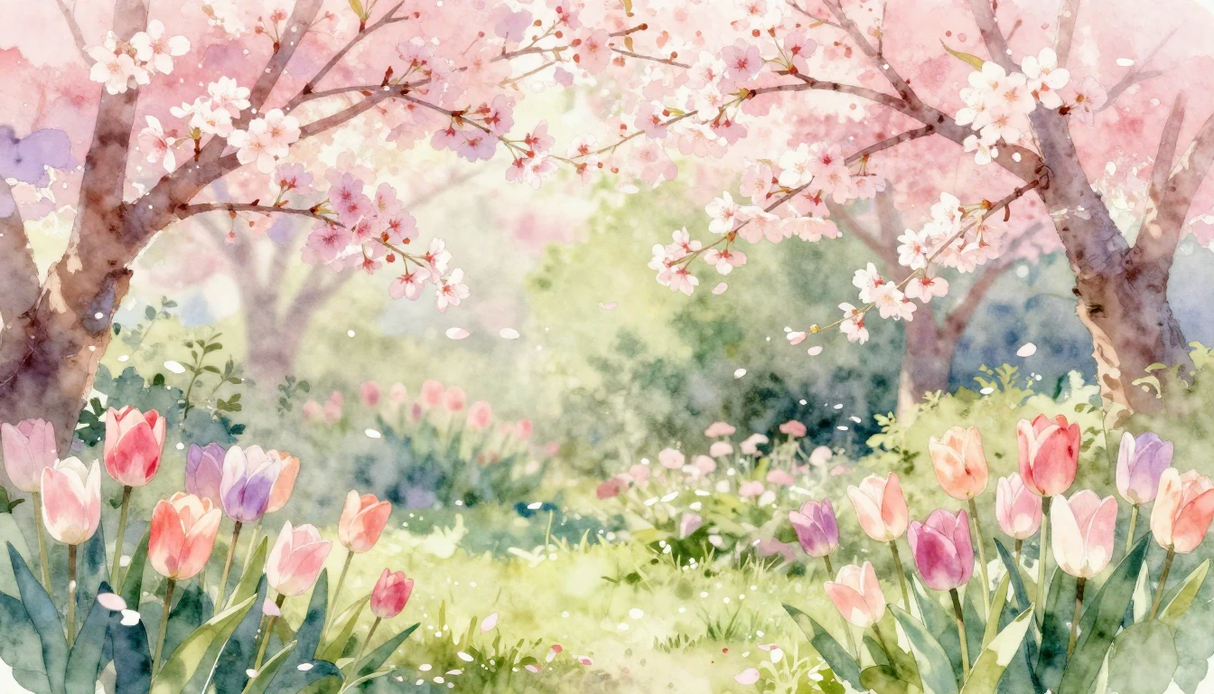 A beautiful watercolor painting of a lush spring garden. Sof...