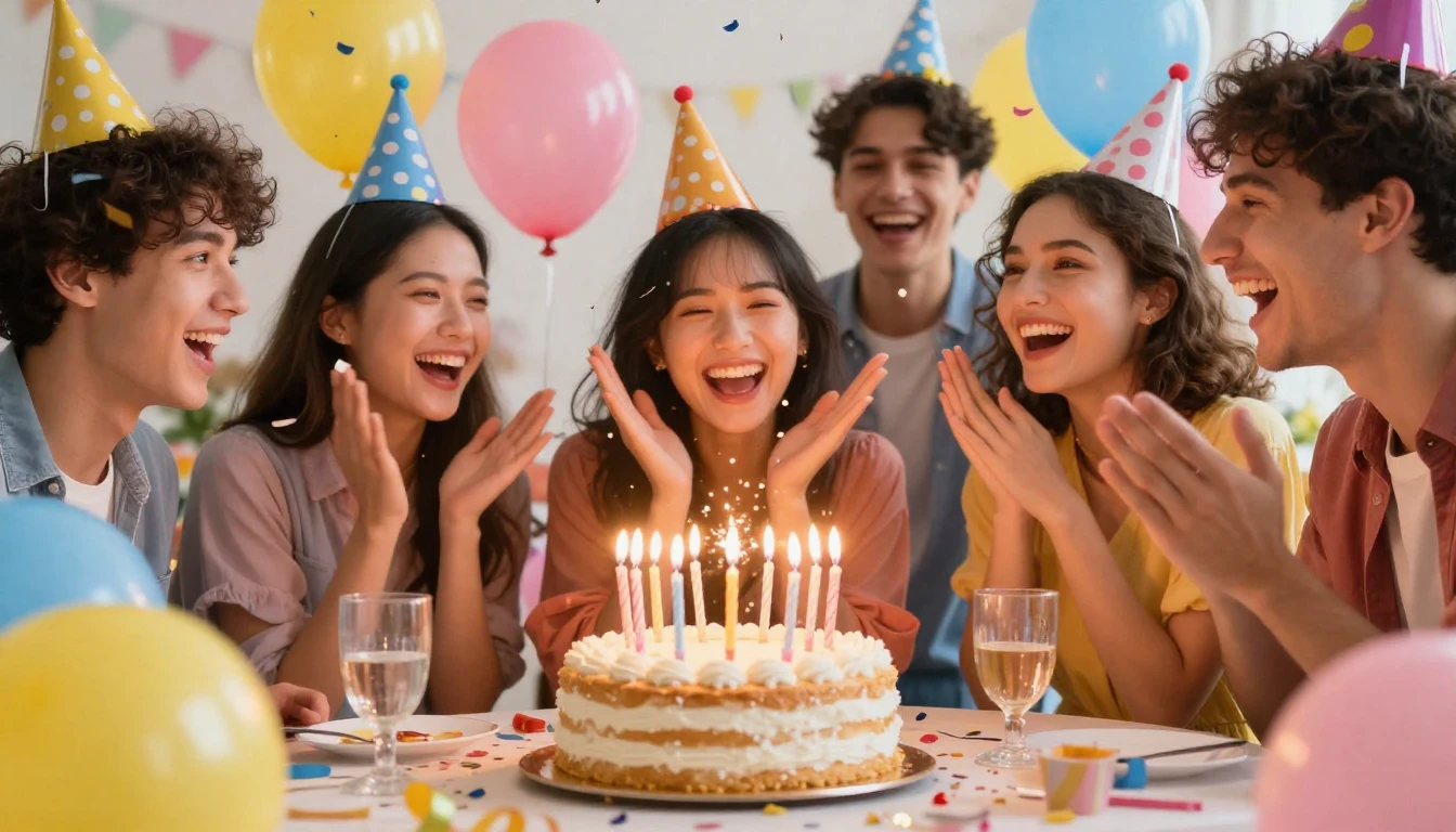 A vibrant and colorful birthday party scene focusing on a gr...