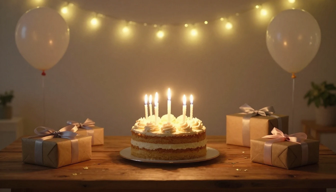 A beautiful and heartwarming birthday scene, a delicious cak...