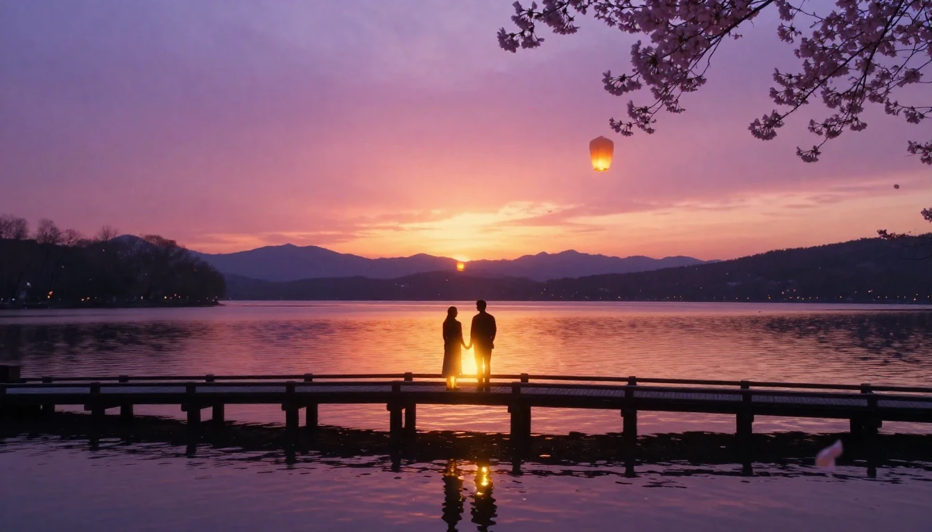 A breathtakingly beautiful scene of two glowing silhouettes ...