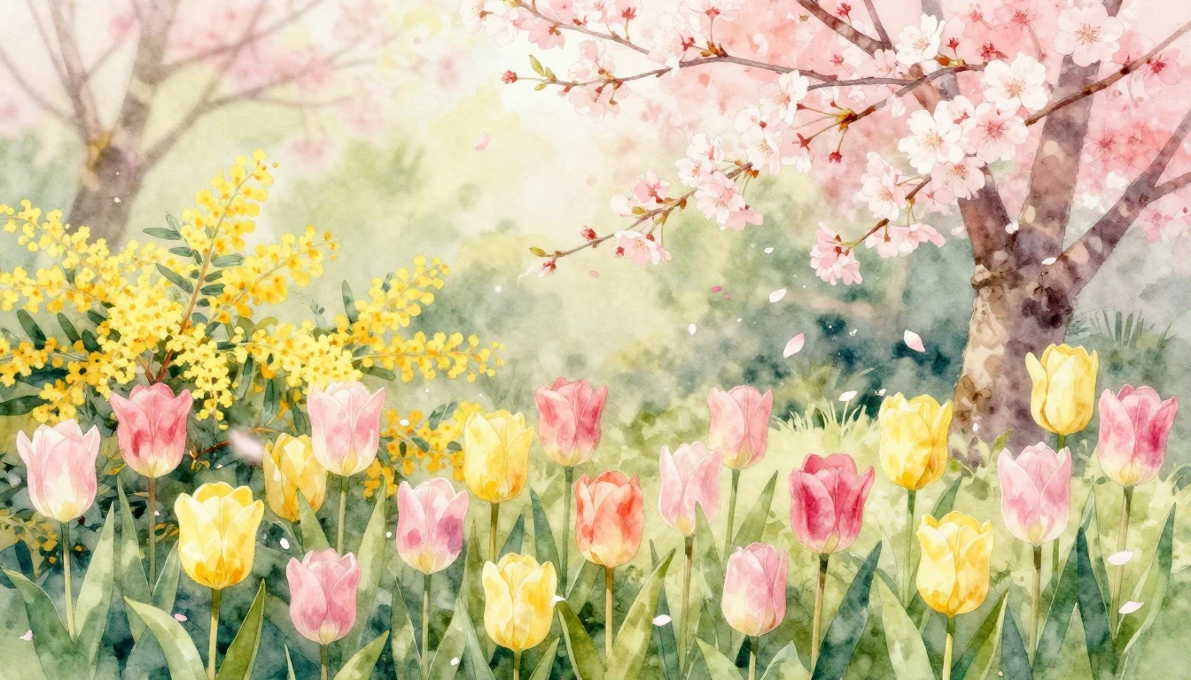 A beautiful watercolor painting of a lush spring garden fill...