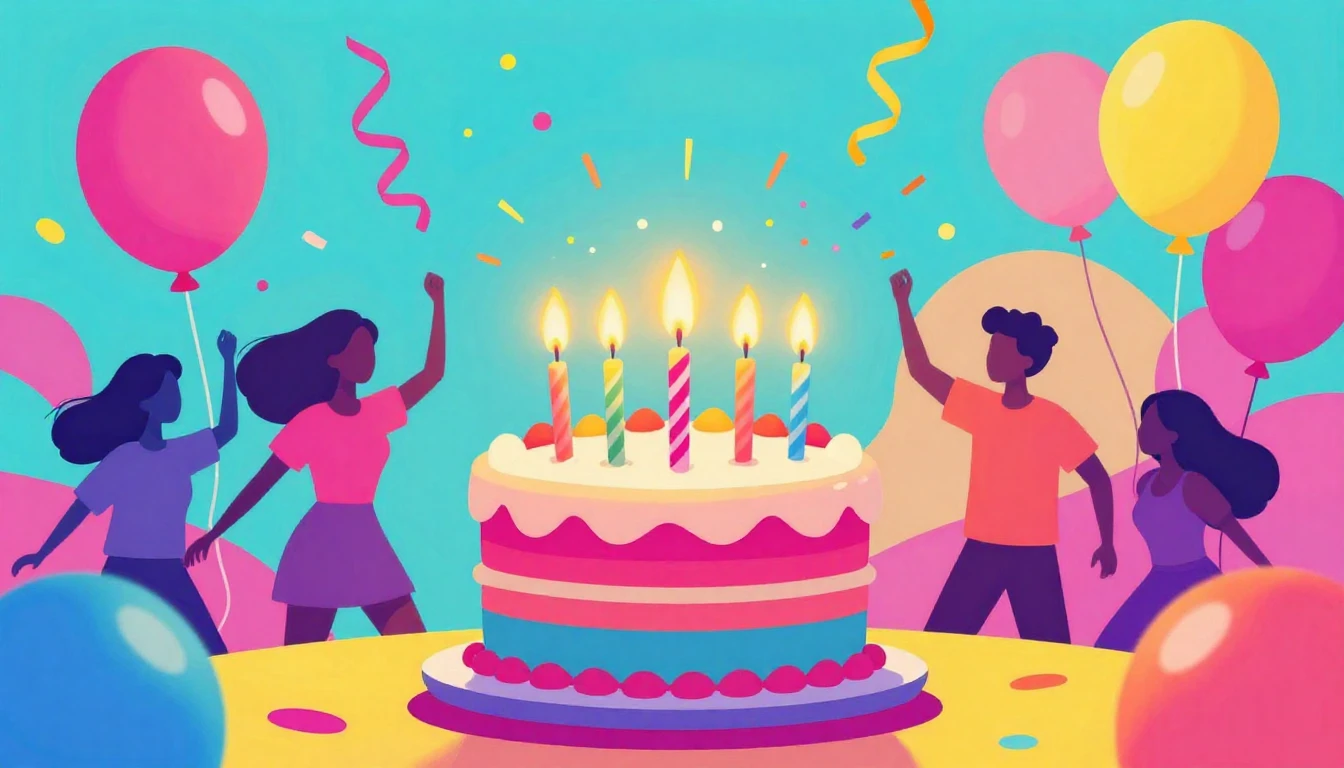 A vibrant and energetic birthday celebration scene, digital ...