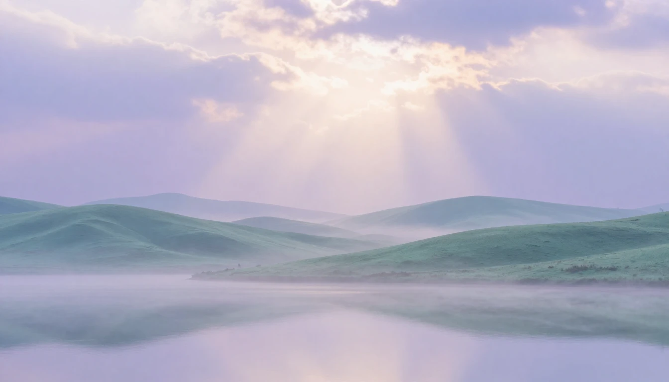 A serene and ethereal landscape featuring soft, rolling hill...
