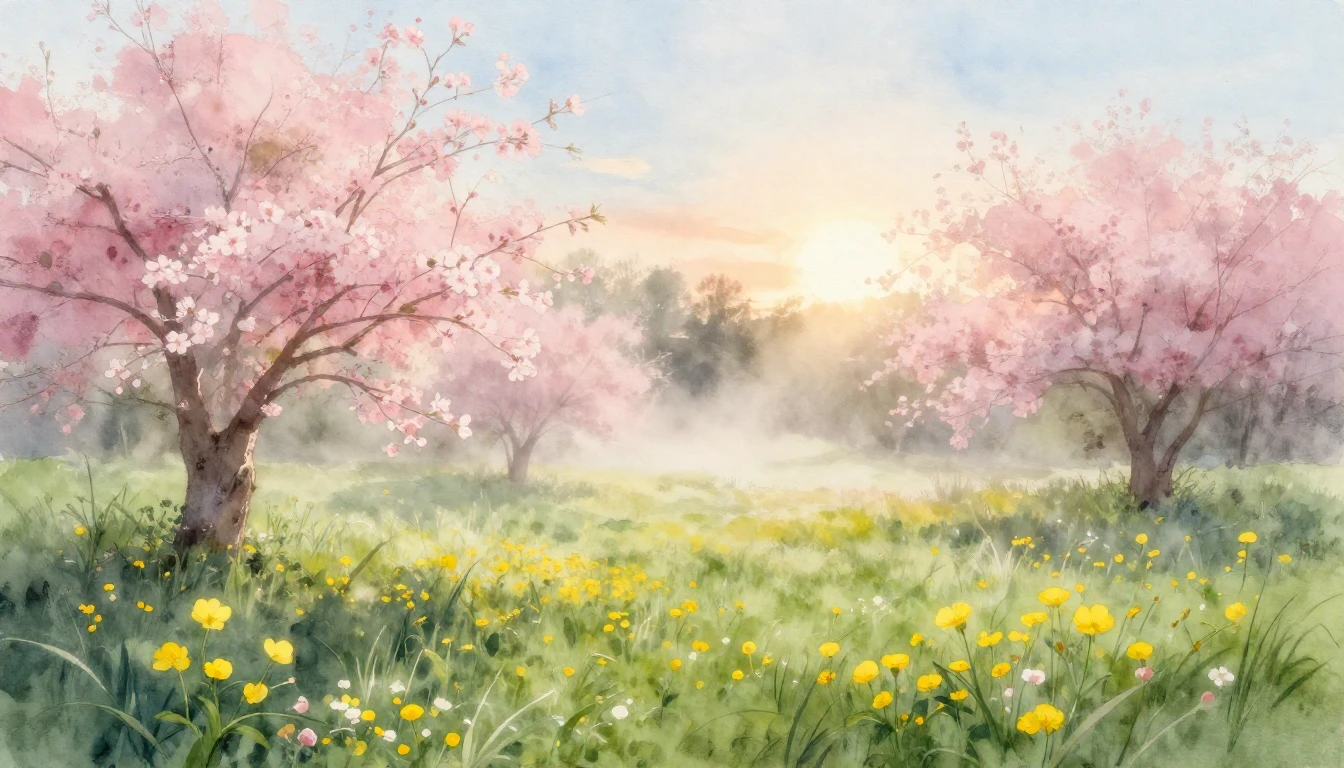 A delicate watercolor painting of a lush spring meadow at su...