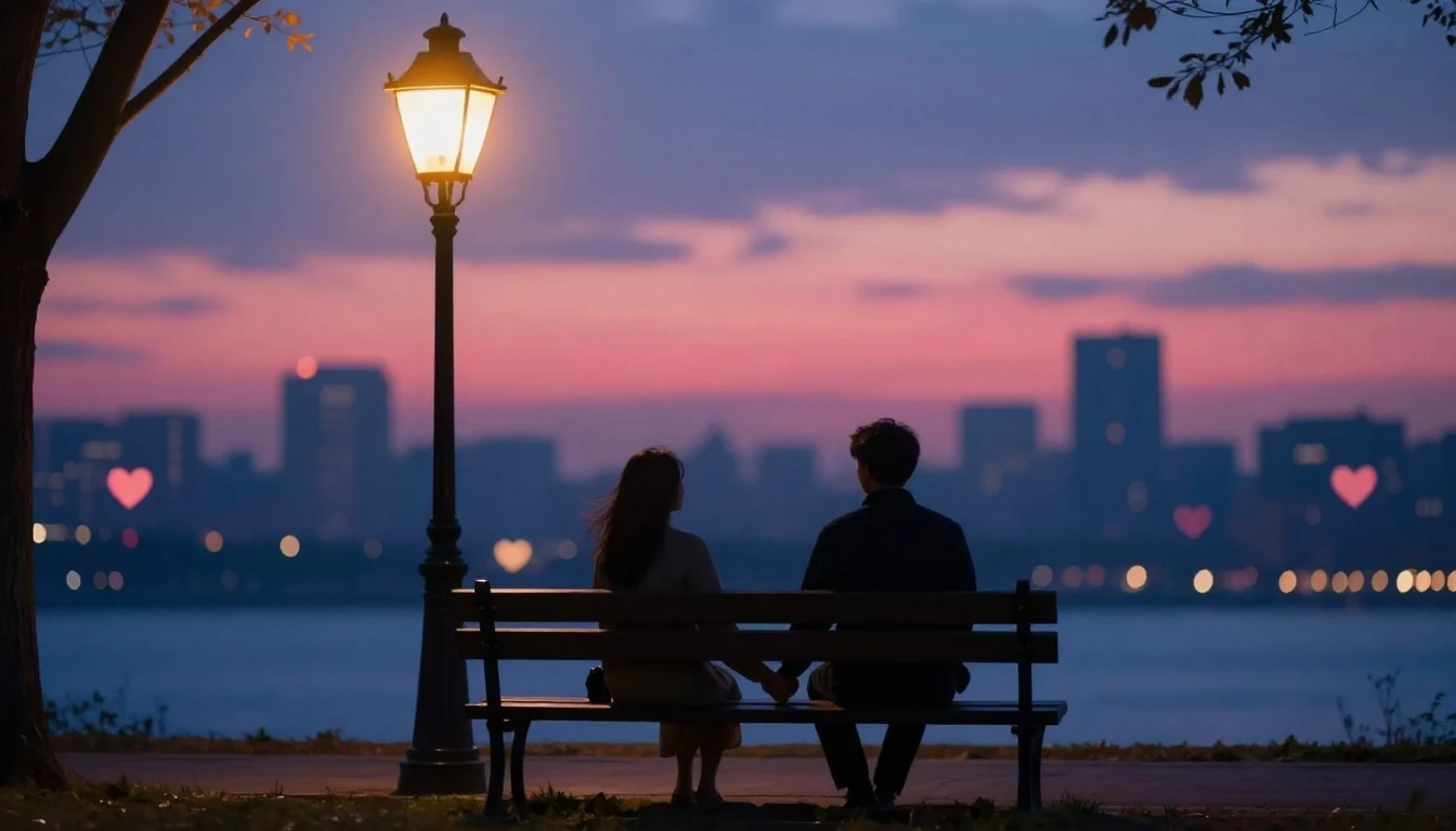 A romantic and dreamy scene depicting two silhouettes holdin...