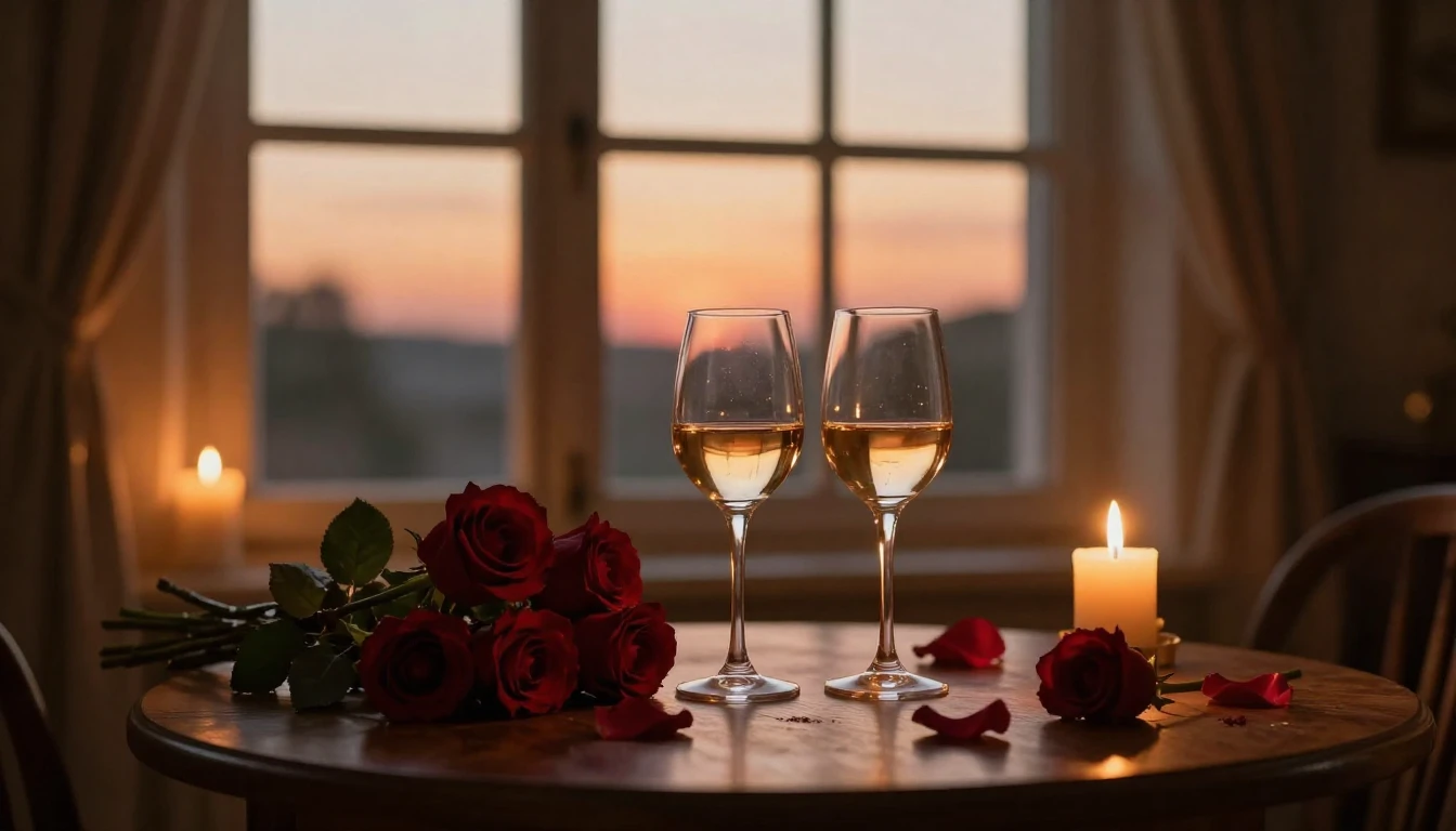 A cozy, dimly lit room with a large window overlooking a sof...