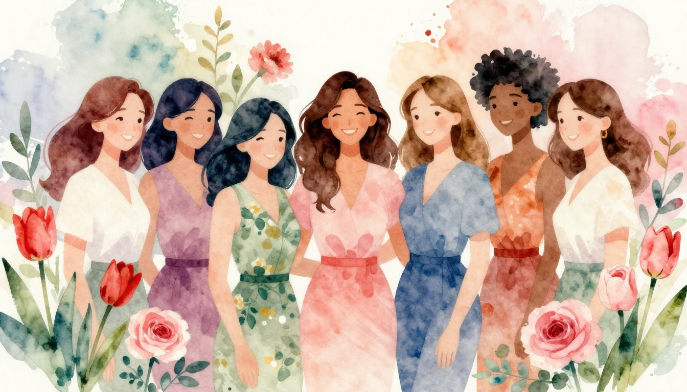 A beautiful, vibrant watercolor painting of a diverse group ...