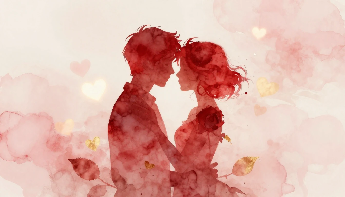 A delicate and ethereal scene featuring two intertwined silh...