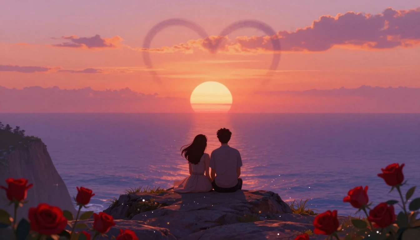 A romantic and magical illustration of a couple sitting on a...