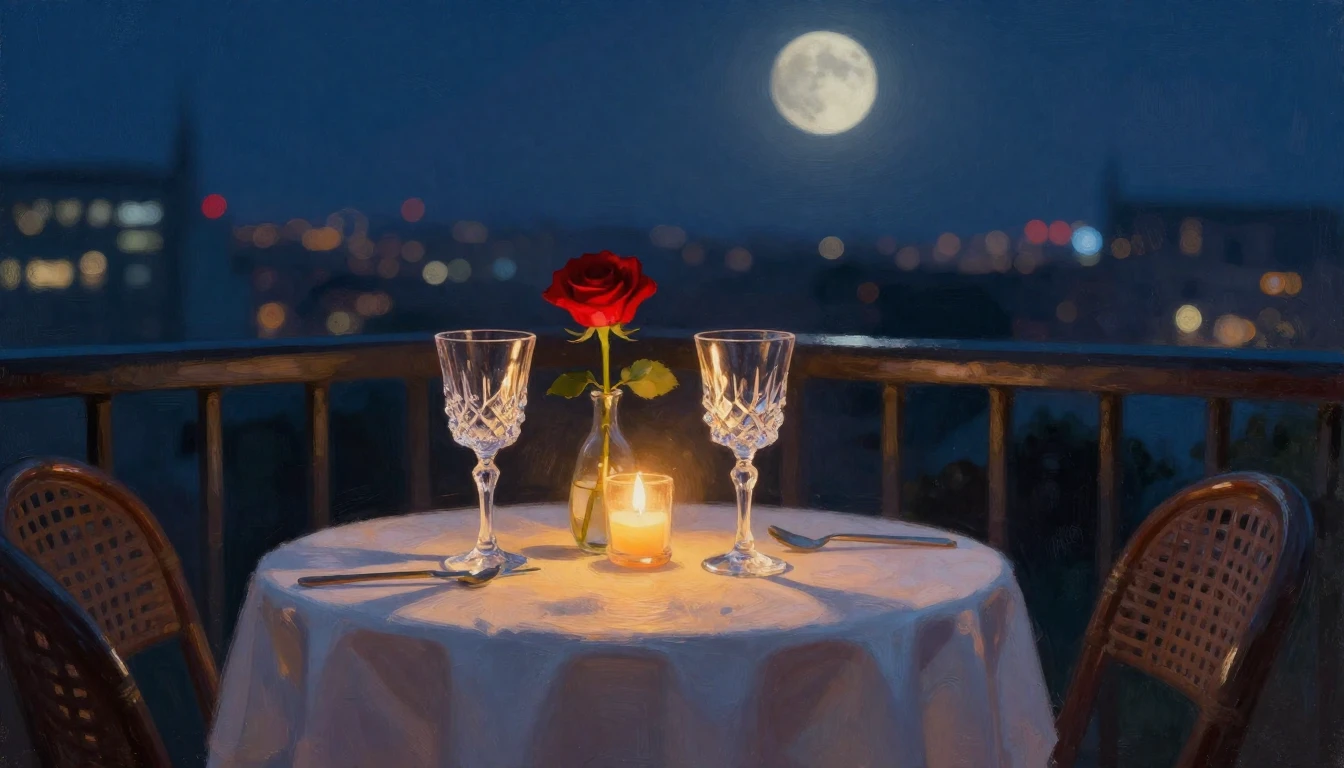 A lush, romantic scene of a small table set for two on a bal...