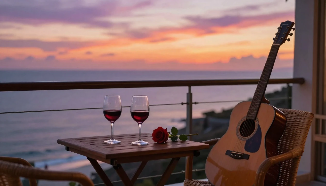 A romantic and cozy scene on a balcony overlooking the ocean...