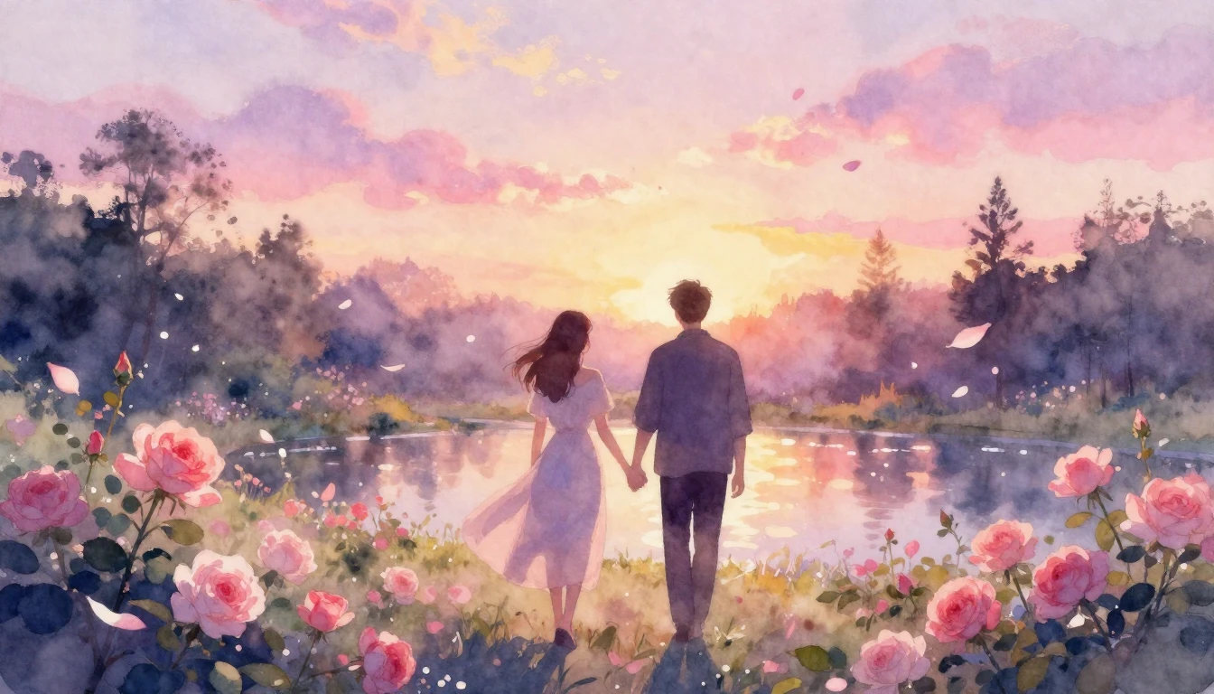 A soft watercolor painting depicting two silhouettes of peop...