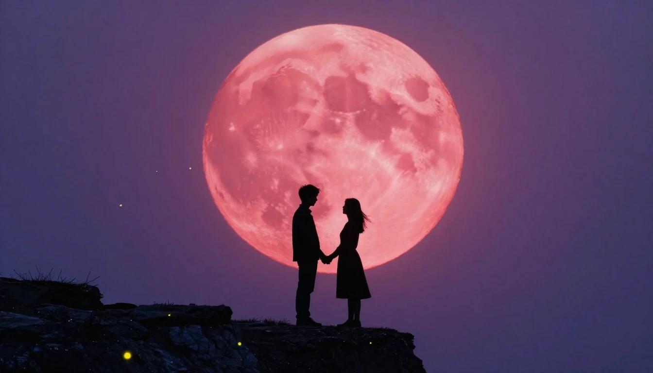 A romantic and atmospheric scene featuring two silhouettes s...