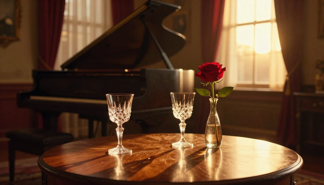 A breathtaking cinematic shot of a cozy, dimly lit room duri...