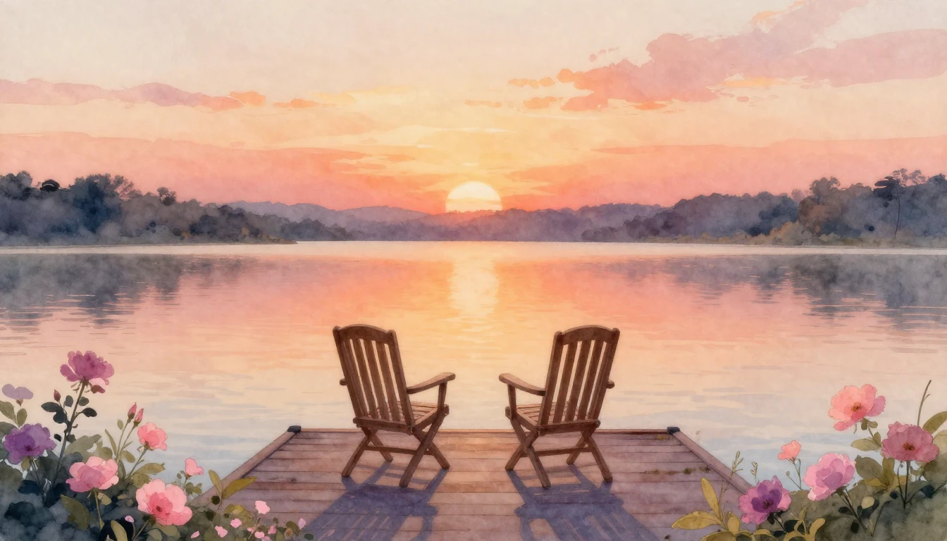 A beautiful watercolor painting depicting a serene sunset ov...
