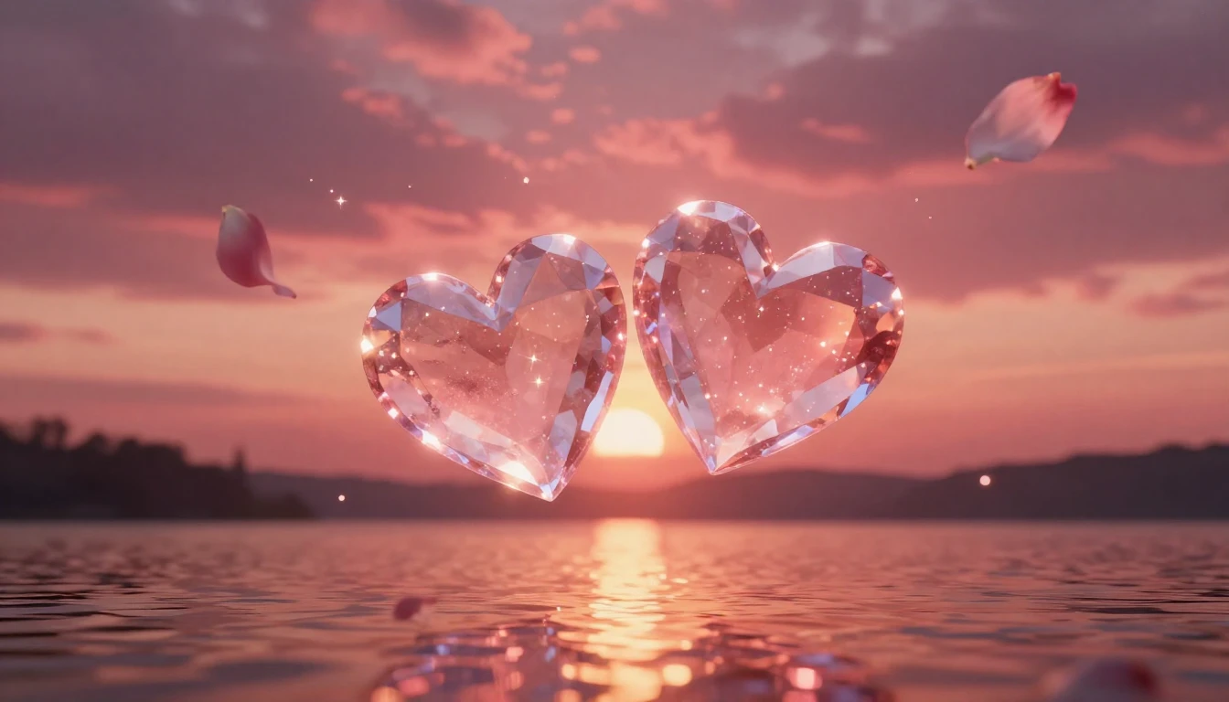 A breathtaking scene of two glowing crystalline hearts float...