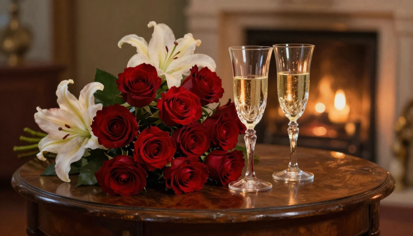 A lush and romantic scene featuring a bouquet of deep red ro...