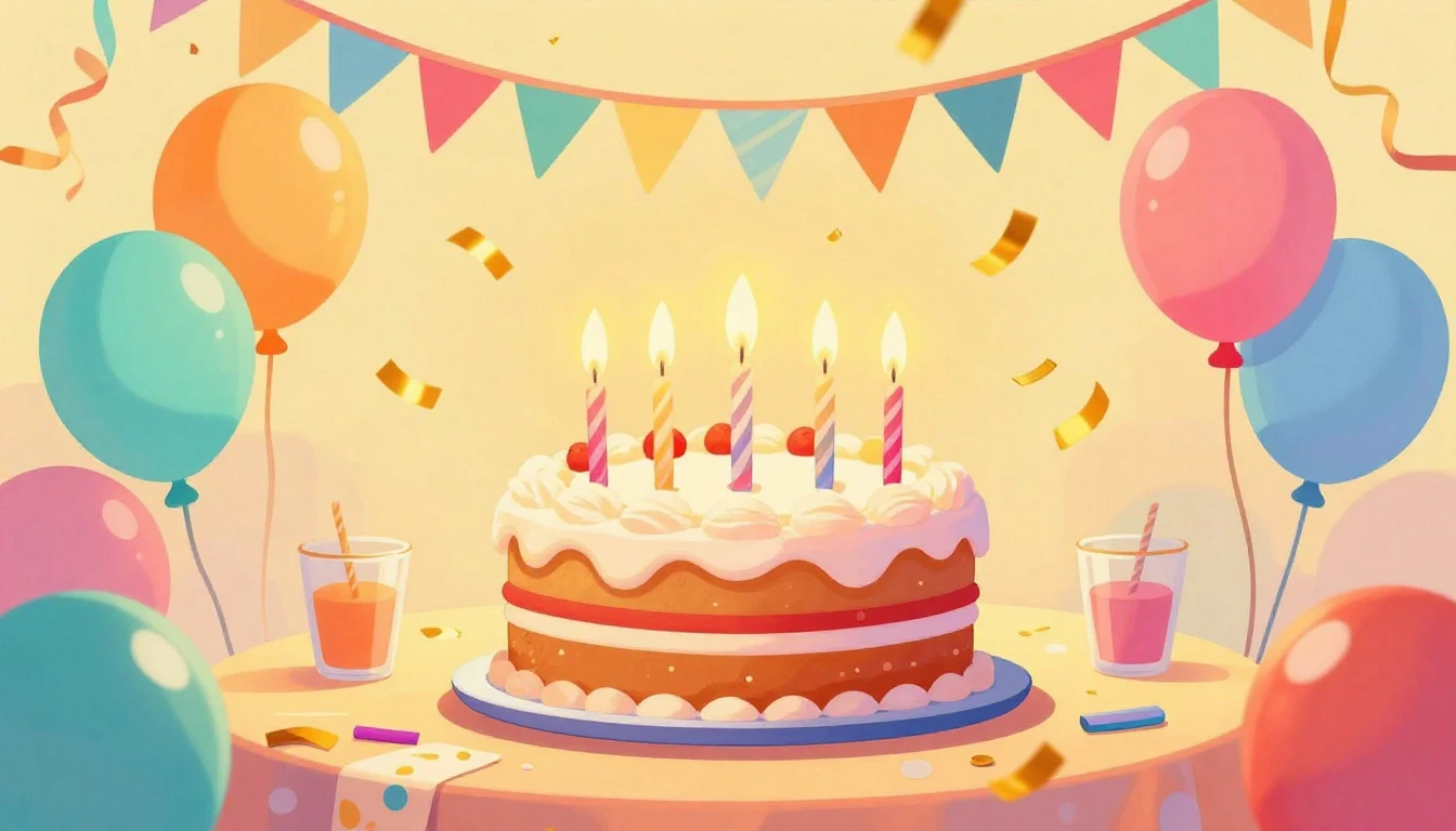 A vibrant and joyful digital art illustration of a birthday ...