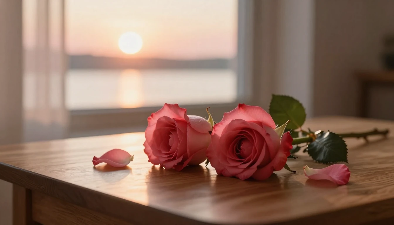 A beautiful and ethereal scene featuring two delicate red ro...