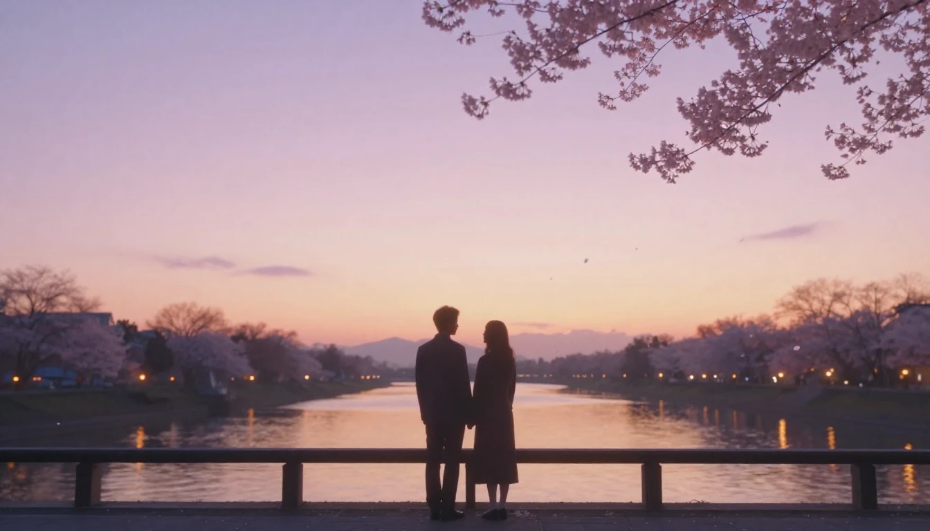 A dreamlike and romantic scene featuring two silhouettes sta...