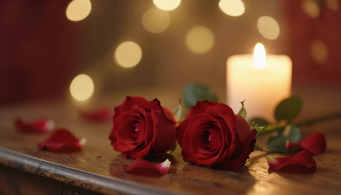 A soft and ethereal scene depicting two delicate red roses r...