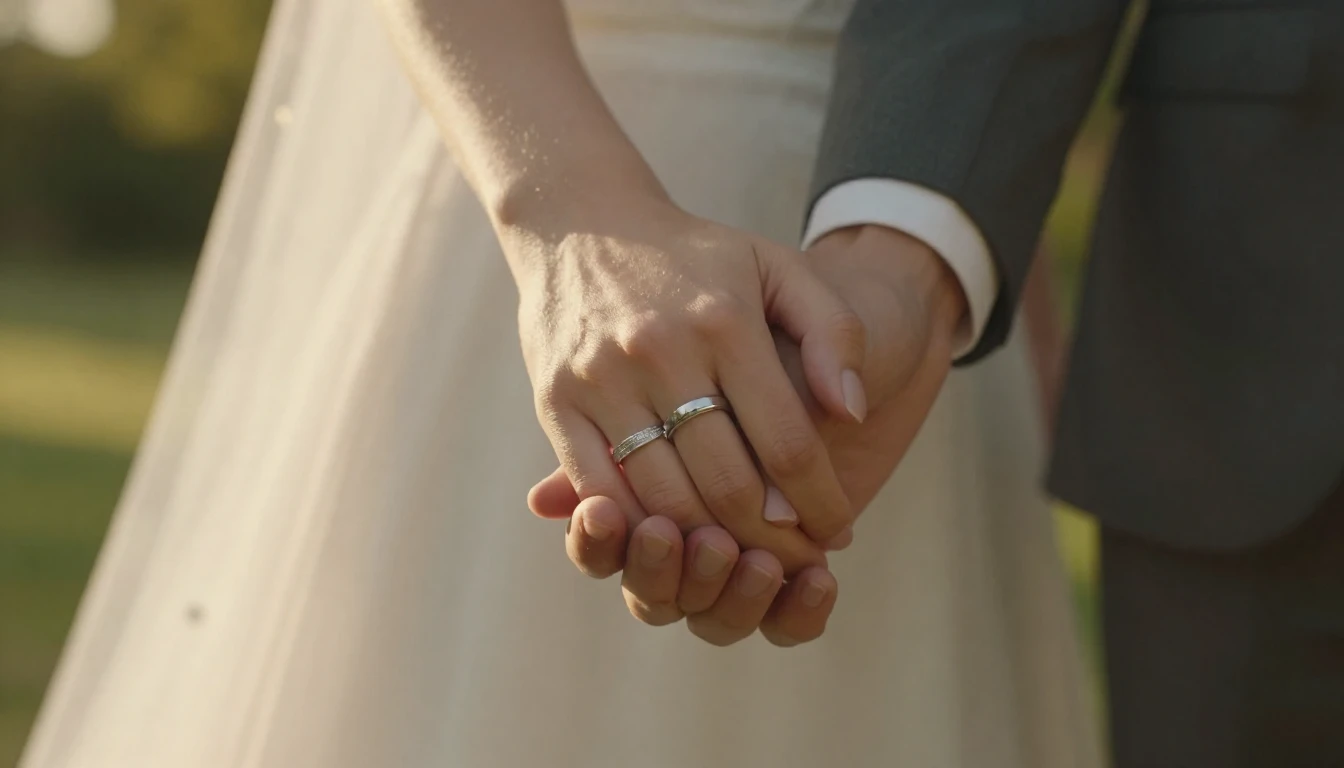A close-up, romantic shot of two hands holding each other ti...