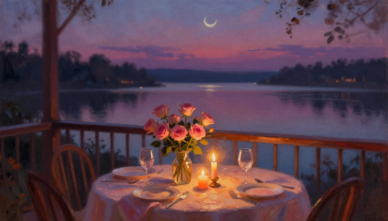 An impressionist oil painting of a cozy, candlelit dinner se...