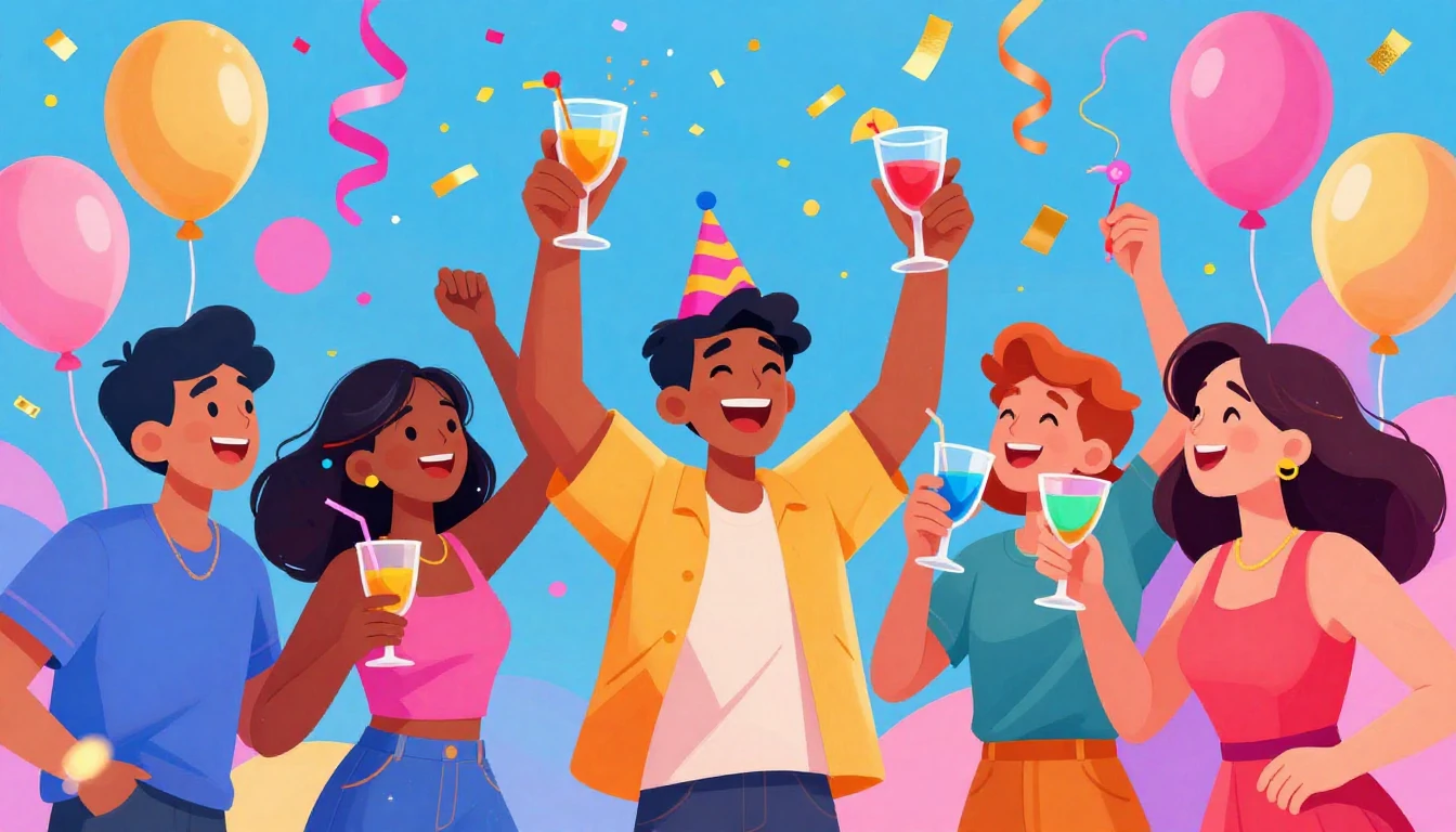 A vibrant digital art illustration depicting a joyful birthd...