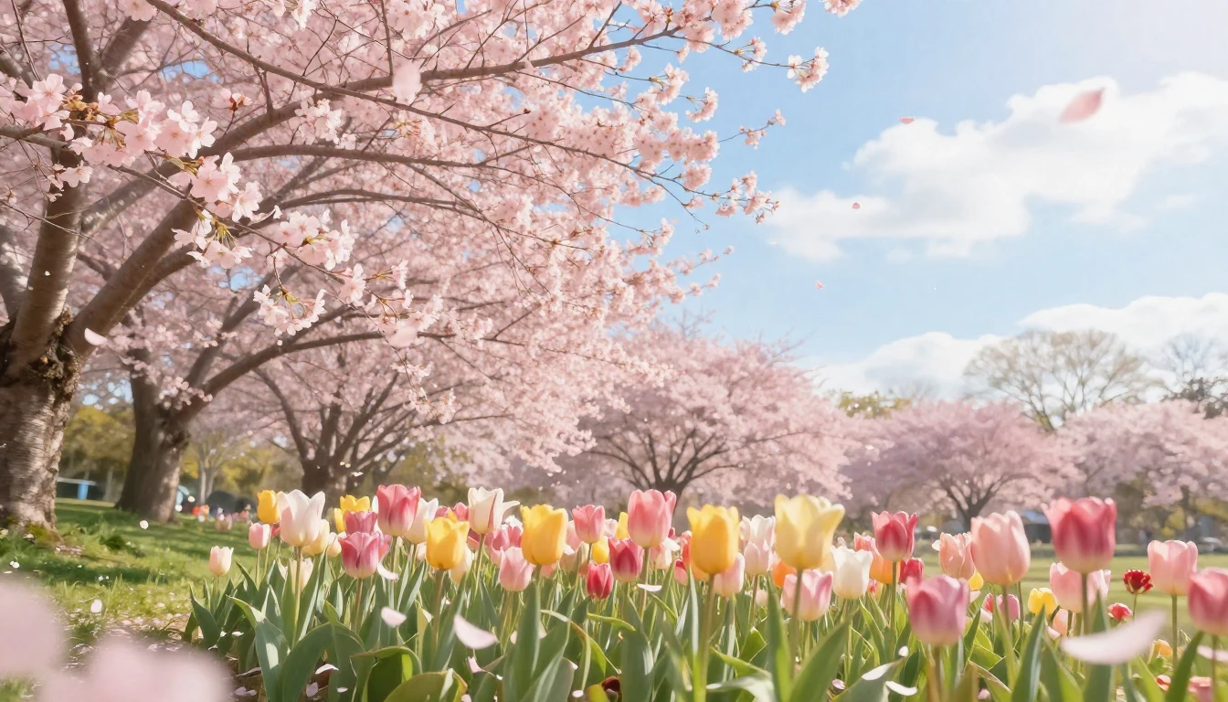 A vibrant and lush spring garden in full bloom. Delicate che...