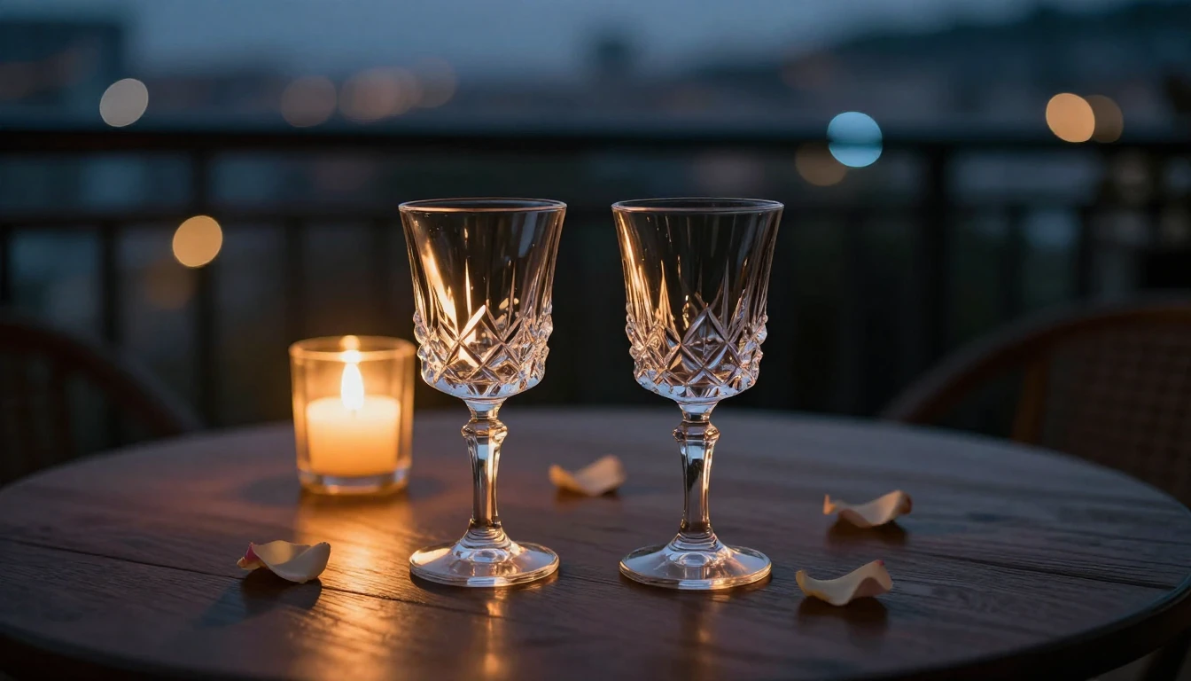 A close-up shot of two elegant crystal glasses on a polished...